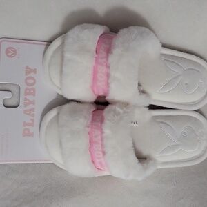 PLAYBOY White and Pink Furry Slippers